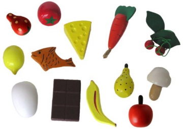 13 teiliges Lebensmittel Set handbemalt aus Holz für Kaufladen und Kinderküche
