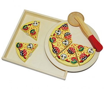 9 tlg. Schneide - PIZZA mit Pizzaschneider - und Tablett HOLZ Spiel Küche Zubehör - Kinderküche Kaufmannsladen Holzpizza - zum Schneiden - Restaurante für Kinder - mit Klettverschluß