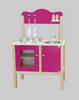 Combi-Küche / Kinderküche in pink mit Zubehör aus Holz / Maße: 54 x 83,5 x 30 cm – Arbeitshöhe: 48 cm / mit Aufbauanleitung
