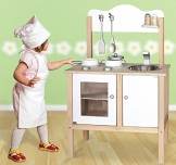 Combi-Küche / Spielküche / Kinderküche in weiss mit Zubehör aus Holz / Maße: 54 x 83,5 x 30 cm – Arbeitshöhe: 48 cm / mit Aufbauanleitung