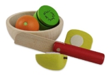 Erzi Obstsalat Holzspielzeug mit Schüssel aus Birke, sowie Messer, Apfel, Orange und Kiwi aus Buche mit Klett-Verbindung, Made in Germany