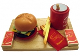 Hamburger Menü (Tablett, Hamburger, Cola, Ketchup, Chilisauce, Pommes) / Material: Holz/Stoff / für Kinder ab 3 Jahren