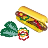 Holz-Hot Dog-Set mit Wurst, Salat, Paprika, Senf, 14x5cm, Belegen nach Belieben: Kaufladen Kinderküche Zubehör Spielzeug zum selber Belegen