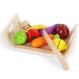 Infantastic Spielzeug-Schneidebrett Frühstücksset aus Holz als Küchenzusatz mit Obst- und Gemüsespielzeug und halbrundem Brettchen