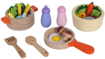 Kochtopf Set für Spielküche aus Holz Pfanne und Lebensmittel