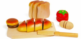 Schneidespielzeug aus Holz, 5 verschiedene Lebensmittel zum Zerteilen und Zusammenfügen, inkl. kleinem Brettchen, Tablett und Messer