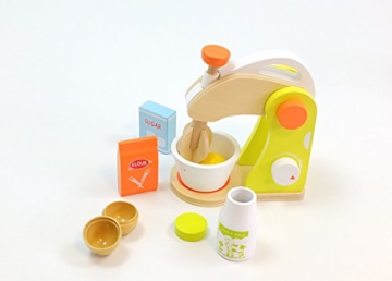Mixer Set mit Mixer mit drehbaren Rührstab, Rührschüssel, Ei, Flasche Milch, Paket Zucker + Paket Mehl / Material: Holz / 3+ - 